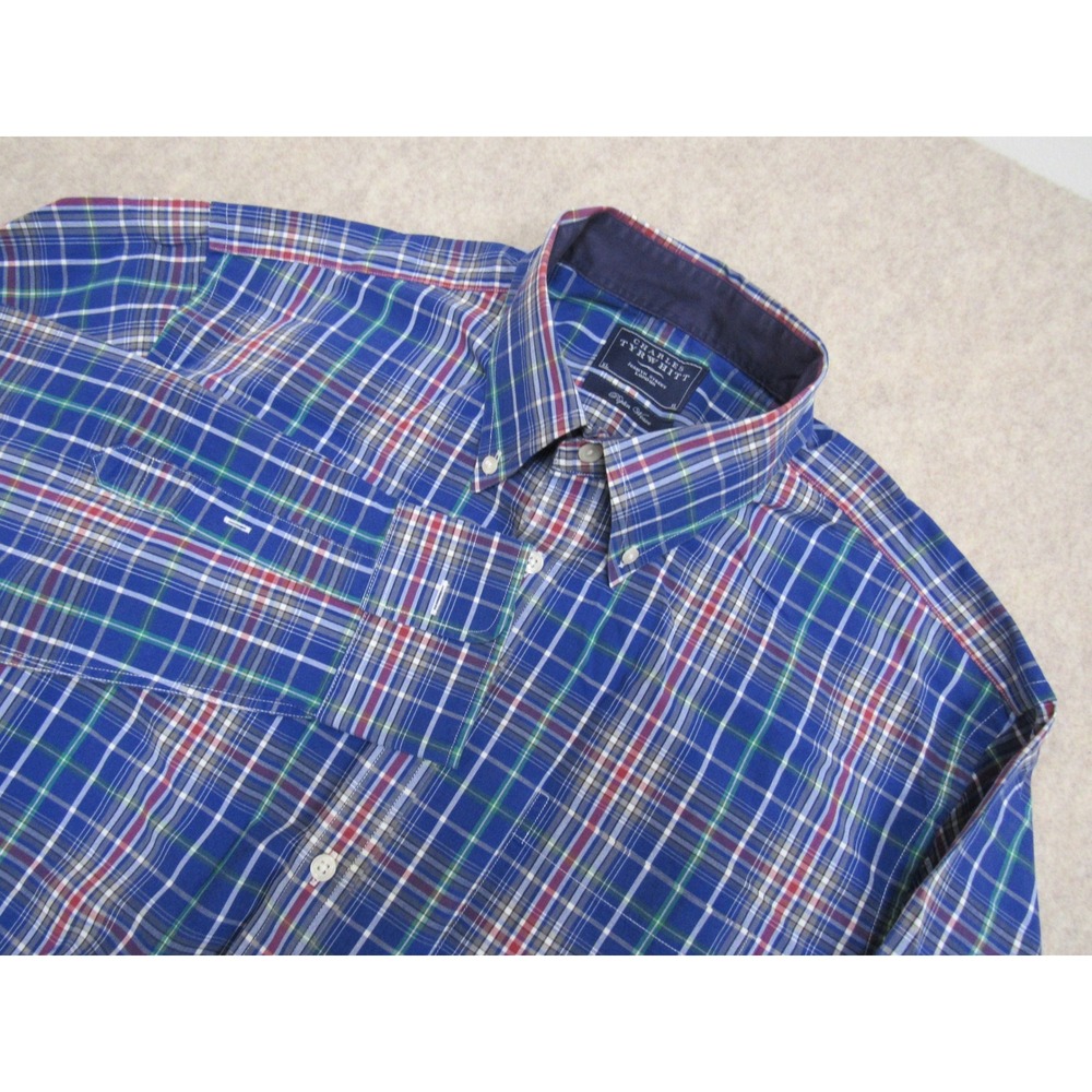 Charles Tyrwhitt Mens XL Blue Plaid Poplin Weave Button Down Shirt Long Sleeve
